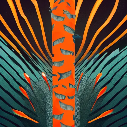 Image similar to orange and white striped traffic cone with 5 rows of shark teeth breaking through the cracks, ocean background detailed atmospheric - ron cheng & alphonse mucha, highly detailed, digital painting, ray tracing, concept art, illustration, smooth sharp focus, intricate, symmetry, artstation,