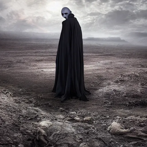 Image similar to voldemort putin as a dementor slowly slithering across a barren desert wasteland and melting into the darkness around him, slug, hd face photo, 8k, surrealism, painting, ultra realistic, moody, foggy, desolate, forlorn, sad, decrepit ruins, twisted gnarled trees, broken castles, hungering void