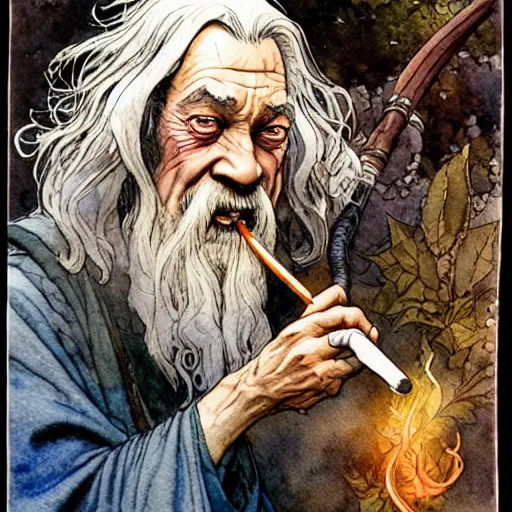 Image similar to a realistic and atmospheric watercolour fantasy character concept art portrait of gandalf with bloodshot eyes giggling and smoking a pipe looking at the camera by rebecca guay, michael kaluta, charles vess and jean moebius giraud