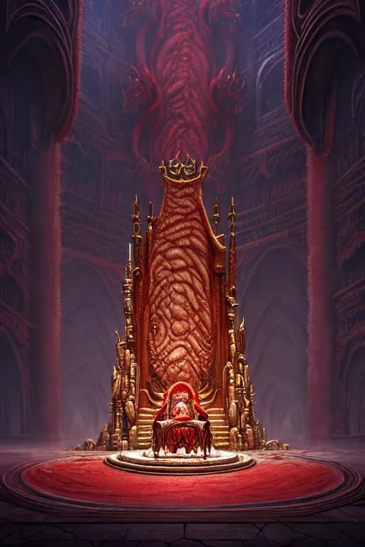 Prompt: a highly detailed matte painting of abominations kneeling inside an expansive throne room with an enormous throne made of writhing flesh and entrails by studio ghibli, makoto shinkai, by artgerm, by wlop, by greg rutkowski, red tones, volumetric lighting, octane render, 4 k resolution, trending on artstation, masterpiece