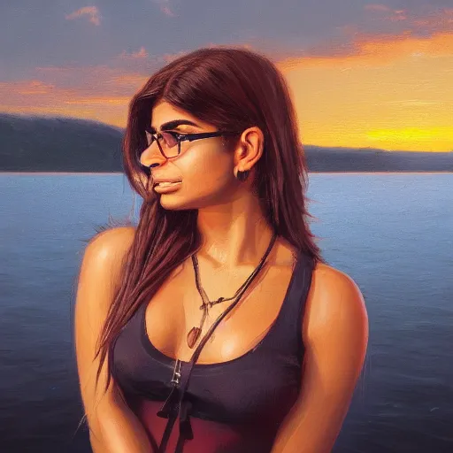 Image similar to a closeup portrait of a mia khalifa, dramatic light, lake background, sunset, dark, painted by stanley lau, painted by greg rutkowski, painted by stanley artgerm, digital art, trending on artstation