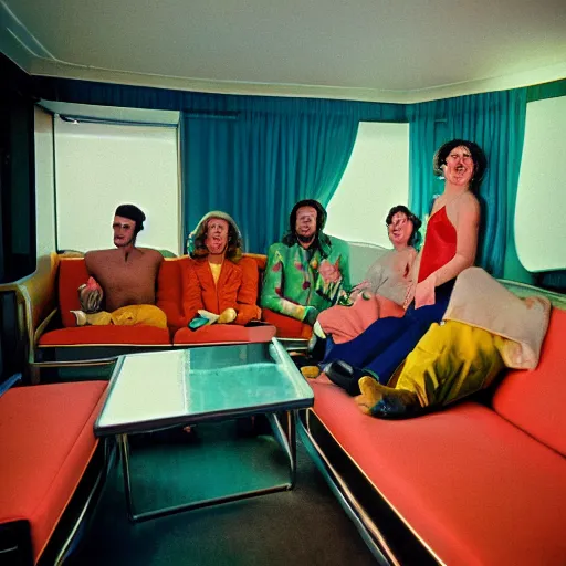 Image similar to first-person perspective view of people wearing shiny skiwear having a party inside of a 1970s luxury bungalow with a sunken living room, at dusk, ektachrome photograph, f8 aperture