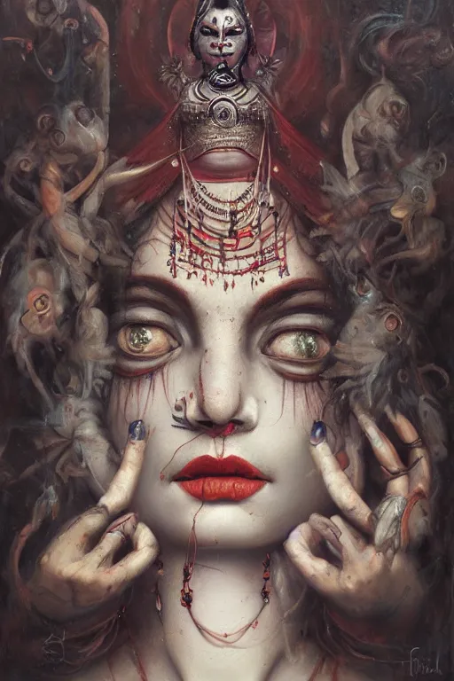 Prompt: a single portrait of the goddess kali by Jovana Rikalo, by roberto ferri, by austin osman spare, by tom bagshaw, by ruan jia, a delicate oilpainting, highly ornamental