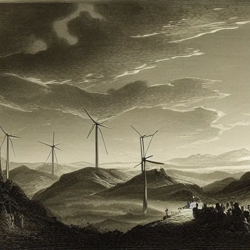 Image similar to landscape with windmills, gustave dore engraving