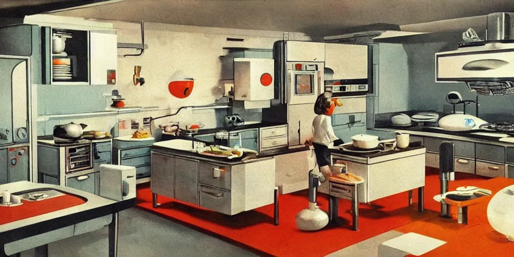 Image similar to soviet retro - futuristic kitchen, space station