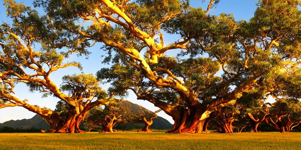 Prompt: ”landscape of big banyan trees and mountains in the background, golden hour, beautiful”