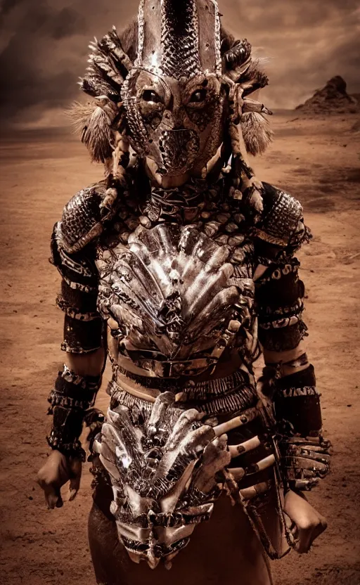 Prompt: fighting tribeswoman, destroyed Aztec jaguar armor,vertical composition, destroyed armor, inspired by monster hunter and westerns, muscular body, clean beautiful symmetrical face, subtle make up, epic,dramatic lighting, cinematic, establishing shot, extremely high detail, photorealistic, leather, cinematic lighting, artstation, octane render, western,old photo, vintage