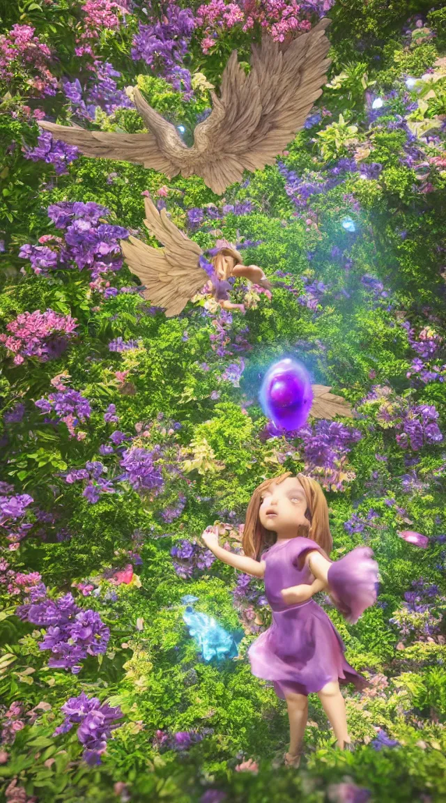 Image similar to tiny biblical angel in a garden, hyper detailed, sharp focus, bokeh, unreal engine, ray tracing, cute, fantasy, sci fi, purple flowers, blue flowers, violet flowers, glowing flowers, tiny, small, hyper realistic, sky, spinning rings with eyes, many eyes, rings of fire, biblical