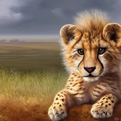 Image similar to cute fluffy hybrid animal cross between baby cheetah and lion with long mane sitting in african plains landscape detailed painting 4 k