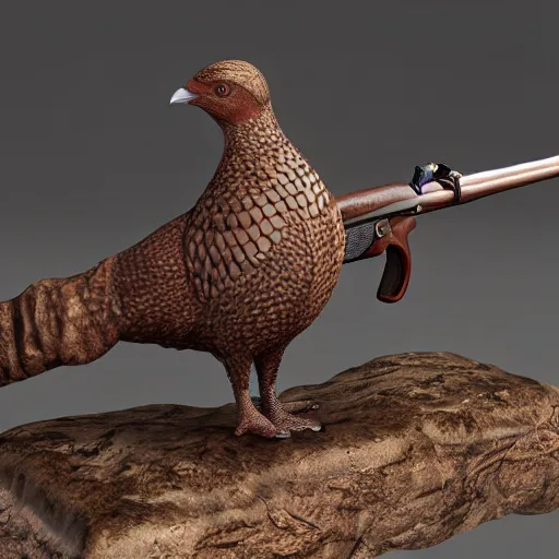 Image similar to a 3 d model of a grouse holding a blunderbuss, studio lighting, octane render, hyper detailed, product photography, 8 k, highly detailed