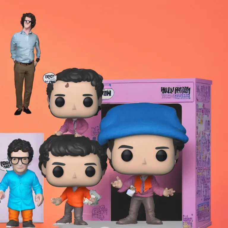 Image similar to A Funko pop of andy samberg in front of a pastel orange background.