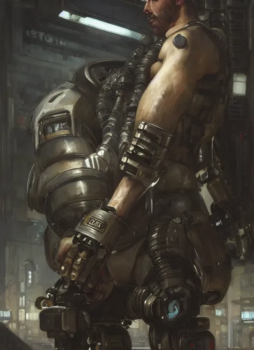 Image similar to weightlifter with super large robot arms. cyberpunk mercenary minion in a military vest ( blade runner 2 0 4 9, cyberpunk 2 0 7 7 ). orientalist portrait by john william waterhouse and james gurney and theodore ralli and nasreddine dinet, oil on canvas. cinematic, hyper realism, realistic proportions, dramatic lighting, high detail 4 k