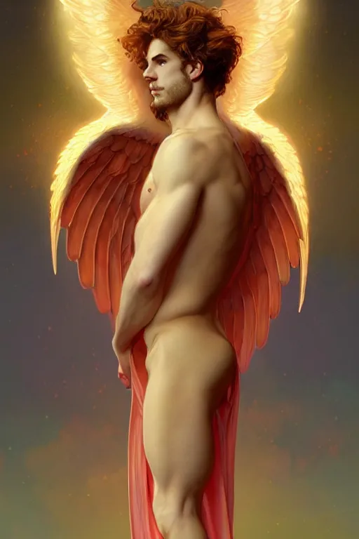 Prompt: symmetrical fullbody portrait of a beautiful young fit male angel with curly blond hairs, fulldressed in long fluent clothes, majestic big red bat wings, luminous fire halo, by greg rutkowski and alphonse mucha, gradient white to gold, in front of an iridescent background, highly detailed portrait, digital painting, artstation, concept art, smooth, sharp focus illustration