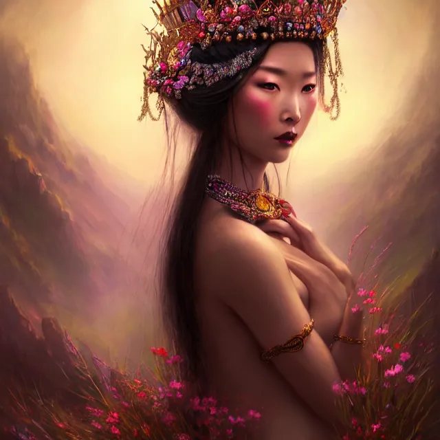 Prompt: beautiful dark cinematic portrait of a mongolian crowned princess in a sensual pose covered with flowers and jewels, sexy face with full makeup, atmospheric lighting, intricate, volumetric lighting, beautiful, sharp focus, ultra detailed, in the art style of bowater, charlie, brom, gerald, with lake baikal in the background, astrophotography