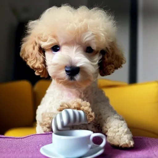 Image similar to very realistic cute poodle puppy sitting inside a tea cup