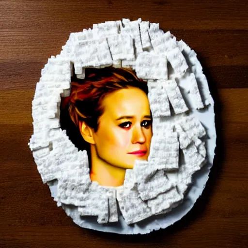 Image similar to a portrait made out of cheese of brie larson