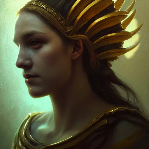 Image similar to majestic gracious regal seductive oracle of delphi portrait, ancient greece, atmospheric lighting, painted, intricate, volumetric lighting, beautiful, rich deep colours masterpiece, golden hour, sharp focus, ultra detailed, by leesha hannigan, ross tran, thierry doizon, kai carpenter, ignacio fernandez rios