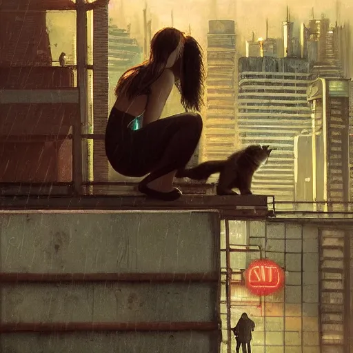 Image similar to girl and cat on a roof, moment, cyberpunk elevated train, electronic billboards, tech noir, wet reflections, atmospheric, ambient, livia prima, greg rutkowski, edward hopper, pj crook