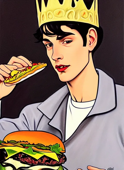 Image similar to oil painting, jughead jones wears a grey crown and devours a hamburger, intricate, elegant, highly detailed, lighting, painting, artstation, smooth, illustration, art by greg rutowski and alphonse mucha