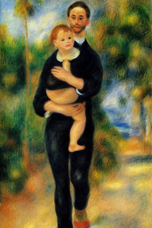 Prompt: a man holding his child over his shoulders walking near the beach, anatomically correct, painting by renoir, masterpiece