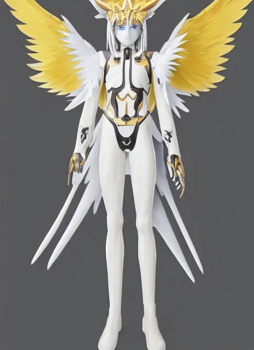 Prompt: Angemon, the angelic Digimon. Tall blond muscular humanoid with six feathery wings, white bodysuit with metal accents, blue loincloth and sash, and helmet covering eyes.