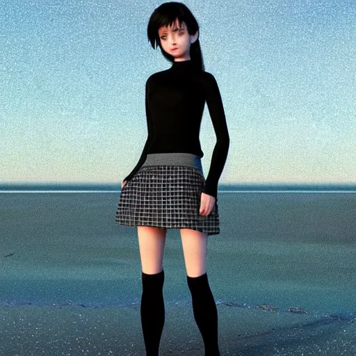 Image similar to beautifully pretty surfer girl, 2 2 years old, black sweater, grey checkered skirt, very cute features, glittery short black hair, blue eyes, universal volumetric lighting, soft glow, by range murata, highly detailed intricately sharp focus, trending on pinterest, unreal engine 5 4 k uhd image