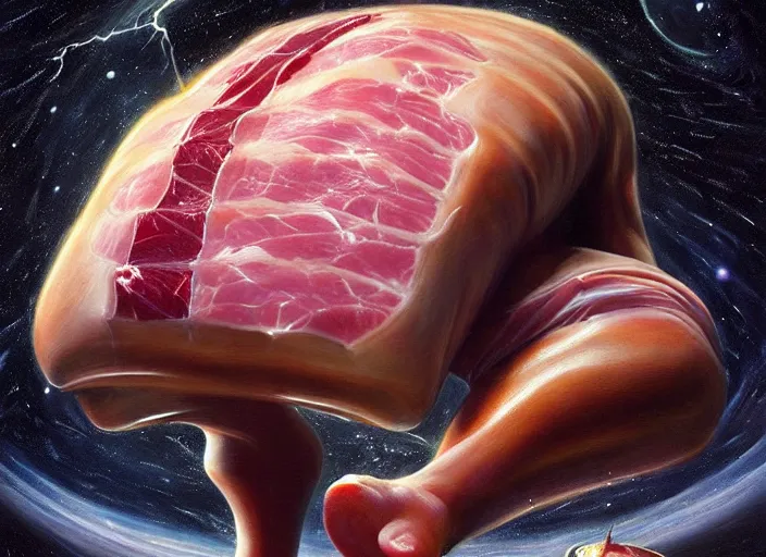 Prompt: a huge delicious leg of ham, cosmic horror painting, elegant intricate digital painting artstation concept art by mark brooks and brad kunkle and, extreme detailed