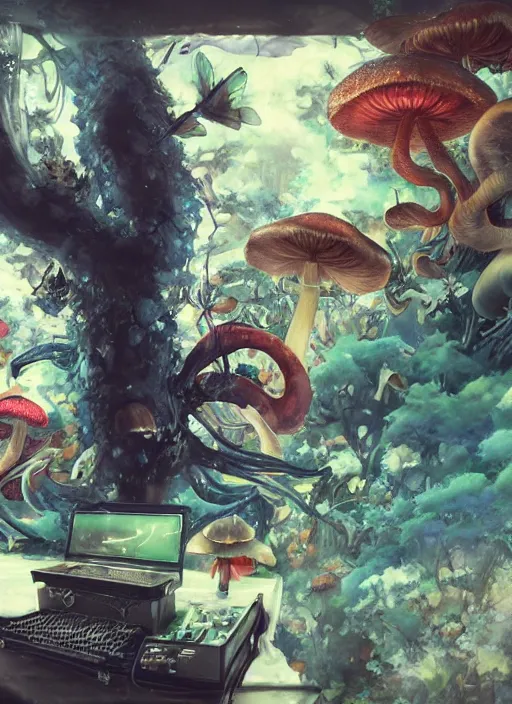 Prompt: surreal gouache painting, by yoshitaka amano, by ruan jia, by Conrad roset, by good smile company, detailed anime 3d render of a wild mushroom Surrounded by magical dragonfly and a big DJ Mixer, deck, portrait, cgsociety, artstation, rococo mechanical and Digital and electronic, dieselpunk atmosphere