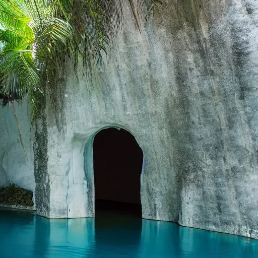 Prompt: perfectly smooth geometric fiberglass door cut into a cave wall, cenotes water, reflections, in the style of magic the gathering