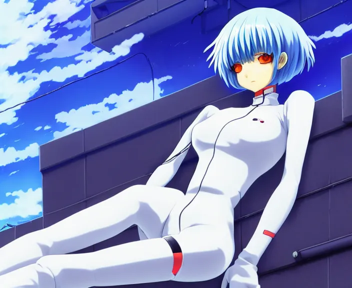 Image similar to anime art, fullbody shot of female rei ayanami, evangelion, long blue hair and large eyes, finely detailed perfect face, in a pale skintight plugsuit, sitting on rooftop, flooded city, trending on pixiv fanbox, by ilya kuvshinov, sola digital arts,, raytracing