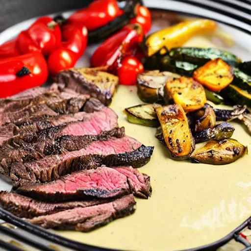 Image similar to delicious 3 2 mm zoomed in adversities photography of a large smoked and seasoned steak well done, with a side seasoned grilled vegetables top in a creamy mozzarella cheese sauce, on a hot platter, very delicious