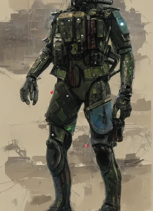 Image similar to Hector. USN blackops operator infiltrating oil rig. Operator wearing Futuristic cyberpunk tactical wetsuit. Frogtrooper. rb6s, MGS, and splinter cell Concept art by James Gurney, greg rutkowski, and Alphonso Mucha. Vivid color scheme.