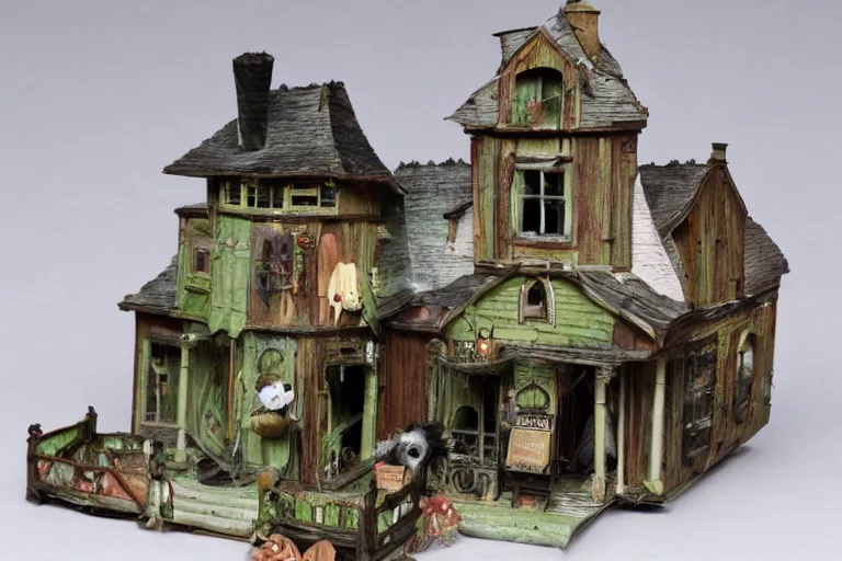 Prompt: photograph of a calico critter miniature toy haunted house