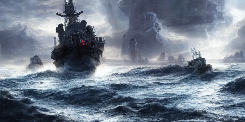 Image similar to scifi barge in turbulent waters in rocky coast, hyper realistic, highly detailed, digital art, apocalyptic, intimidating lighting, raytracing, sharp focus, smooth, romanticism