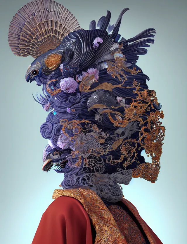 Image similar to 3 d goddess in robe close - up profile portrait with ram skull. beautiful intricately detailed japanese crow kitsune mask and clasical japanese kimono. betta fish, jellyfish phoenix, bio luminescent, plasma, ice, water, wind, creature, artwork by tooth wu and wlop and beeple and greg rutkowski