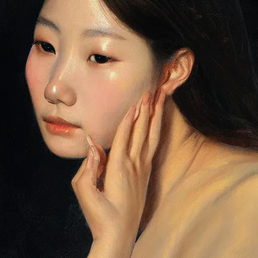 Prompt: high quality portrait painting of woman by Fenghua Zhong and Gustav Klimt, stunning, detailing, artstation trending, perfect lighting, golden hour, elegant, delicate, master work, face detailing