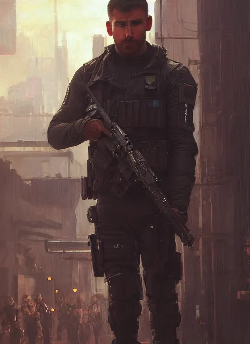 Image similar to 🧗. cyberpunk police trooper in a military vest ( blade runner 2 0 4 9, cyberpunk 2 0 7 7 ). orientalist portrait by john william waterhouse and james gurney and theodore ralli and nasreddine dinet, oil on canvas. cinematic, hyper realism, realistic proportions, dramatic lighting, high detail 4 k