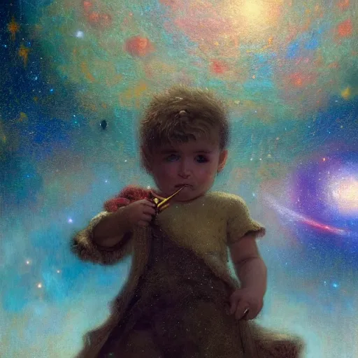 Image similar to a lonley and gloomy baby in middle of space surrounded by colorful stars planets and galaxies, high detail, by gaston bussiere, bayard wu, greg rutkowski, odd nerdrum, maxim verehin, dan dos santos, masterpiece, sharp focus, cinematic lightning