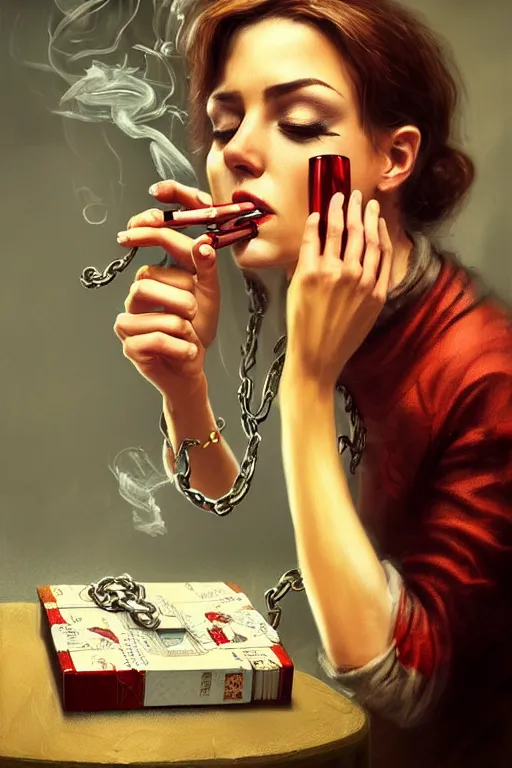 Image similar to beutifull and very tired womanlooking pile smoking a winebottle, drugs, cigarrette boxes at the table, fantasy, intricate, elegant, highly detailed, digital painting, artstation, concept art, addiction, chains, smooth, sharp focus, illustration, art by Ilja Repin