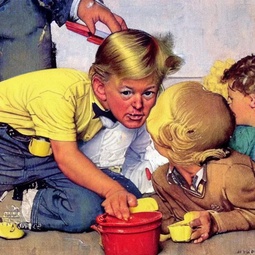 Prompt: children pouring yellow lemonade on Donald trump laying down, mannerism, norman Rockwell,