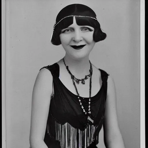 Image similar to a portrait photo of a 1 9 2 0 s woman with a slight smile in a flapper dress, highly detailed, dark, atmospheric, lovecraft