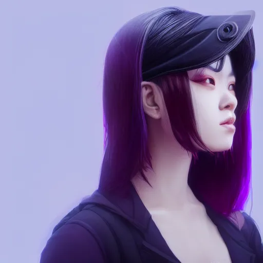 Prompt: Close up portrait of a young Asian Cyberpunk woman with dark purple hair wearing a visor covering her eyes, hyperdetailed, artstation, cgsociety, 8k