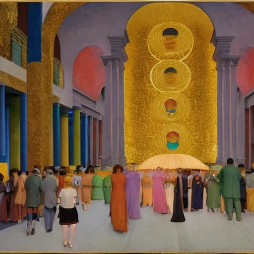 Image similar to a procession of women in a giant metaphysical temple, hyperrealistic film still by edward hopper, by gottfried helnwein, by klimt, by paolo uccello, art nouveau, highly detailed, strong lights, liminal, eerie, metaphysical, bright pastel colors,