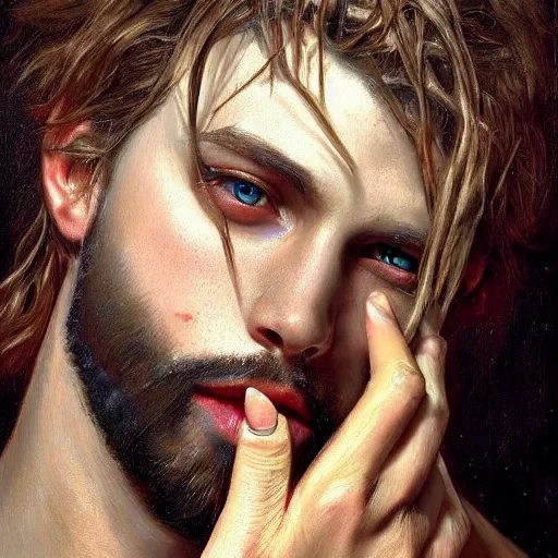 Image similar to photorealistic painting of a male face with piercings, realistic eyes, symmetric face, beautiful bone structure, beard, dark blonde long hair, painting by gaston bussiere