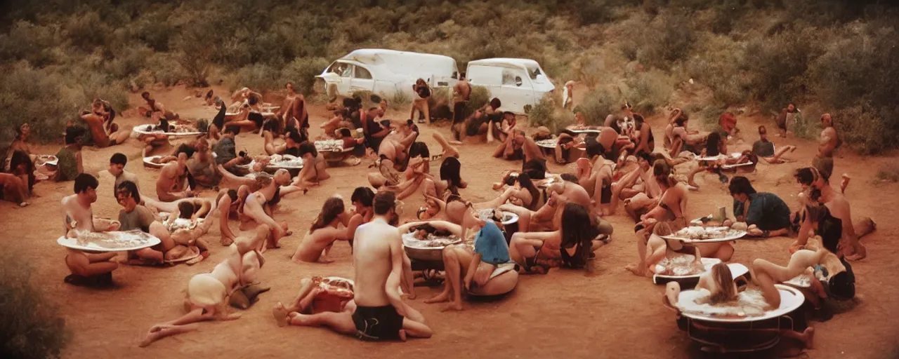 Prompt: people taking a natural hot springs of spaghettios desert evening, kodachrome, in the style of wes anderson