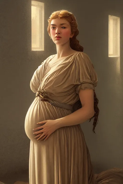 Image similar to Full-length portrait of a pregnant woman in besieged Leningrad, illustration, dramatic lighting, soft details, painting oil on canvas, art deco, octane render, HDR, 4k, 8k, HD, by Edmund Blair Leighton, Brom, Charlie Bowater, trending on artstation, faces by Tom Bagshaw, Sargent