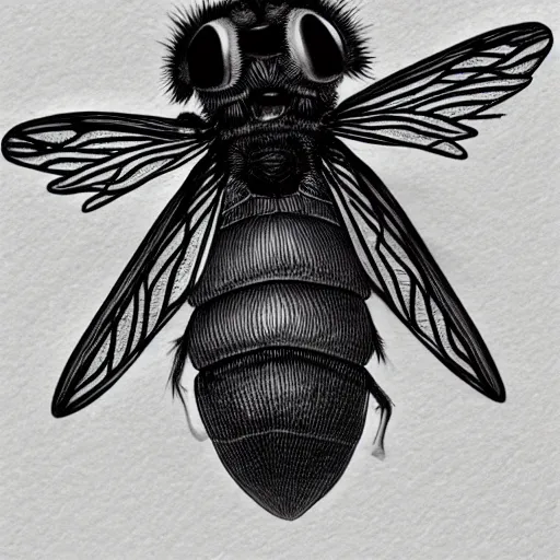 Image similar to house fly, black and white, botanical illustration, black ink on white paper, bold lines