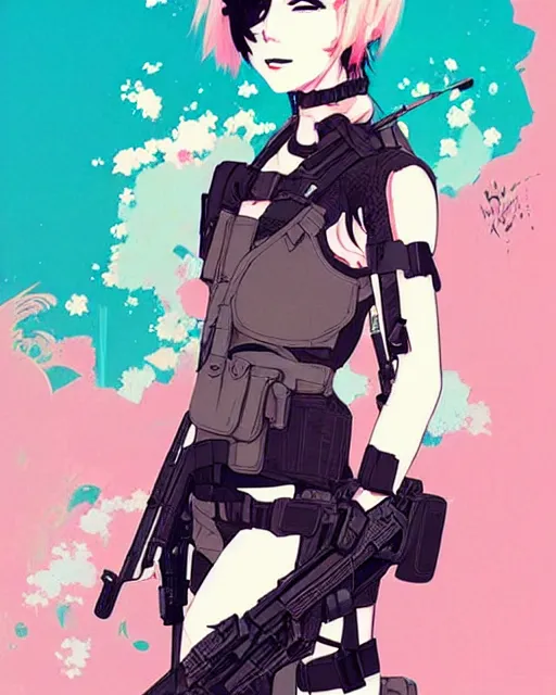 Image similar to girl with tactical gear, very anime!!! anime!! intricate details, aesthetically pleasing pastel colors, poster background, aesthetic details, art by conrad roset and ilya kuvshinov