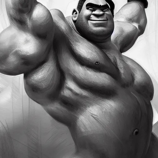 Image similar to muscular shrek with beard, black and white, highly detailed, digital painting, artstation, concept art, smooth, sharp focus, illustration, art by artgerm and greg rutkowski and alphonse mucha