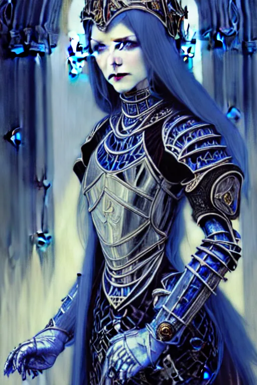 Image similar to beautiful luxury and gothic and victorian and evil medieval female blue & white color armor knight portrait+smoky eyes+light flowing hair, in ruin gothic cathedral, ultradetail face, art and illustration by tian zi and craig mullins and WLOP and alphonse mucha, fantasy, intricate complexity, human structure, fantasy world concept, watermark, blurry, hyperrealism 8k